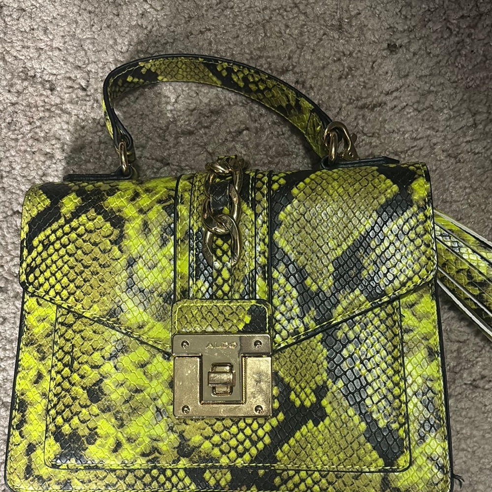 ALDO Neon Yellow Snake-Print Top Handle Satchel